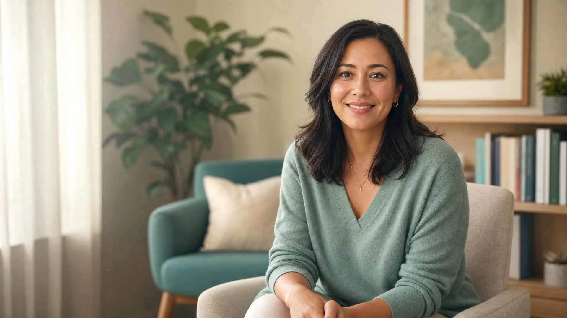 Warm, approachable clinician in a calm telehealth consulting space