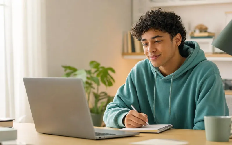 An adult focusing at a tidy desk during a calm working session