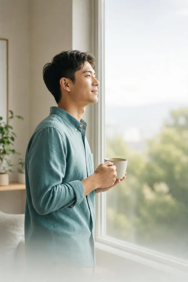 Person looking out a window with a calm, relaxed expression