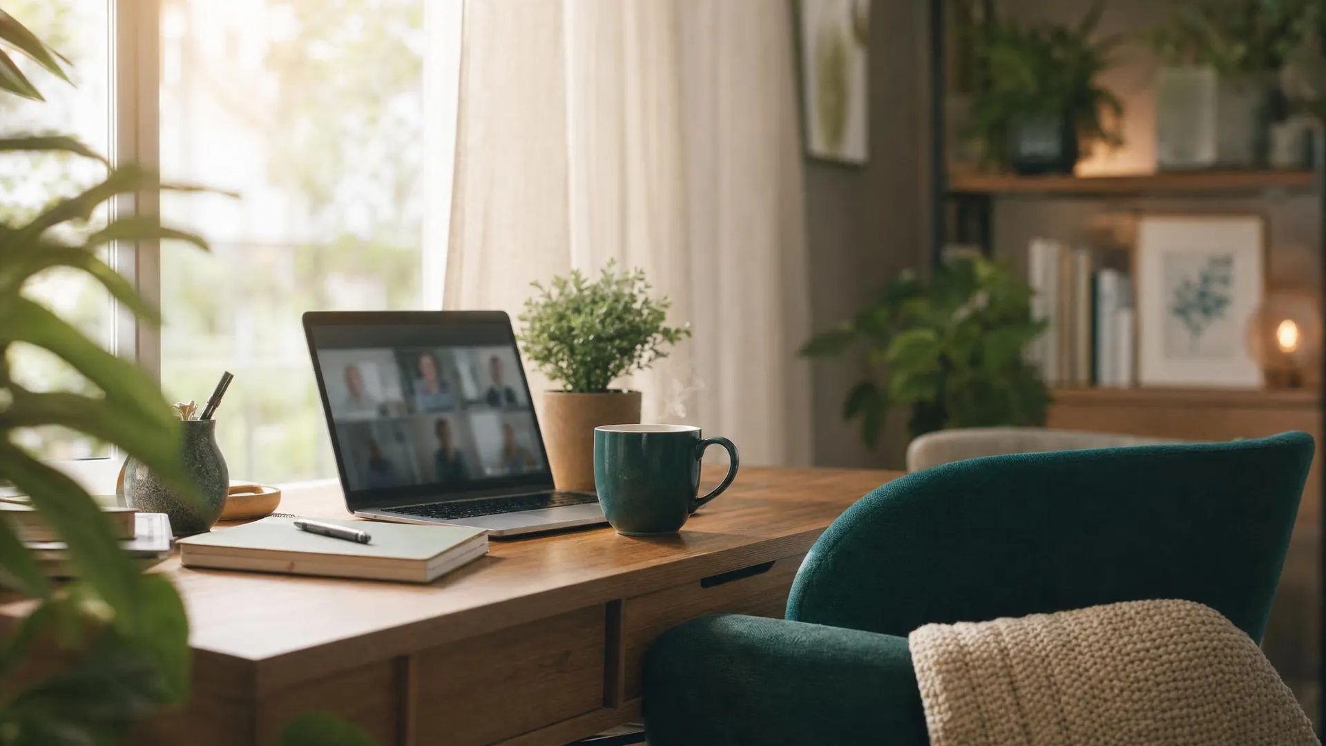 A calm, sunlit home workspace set up for a telehealth video session