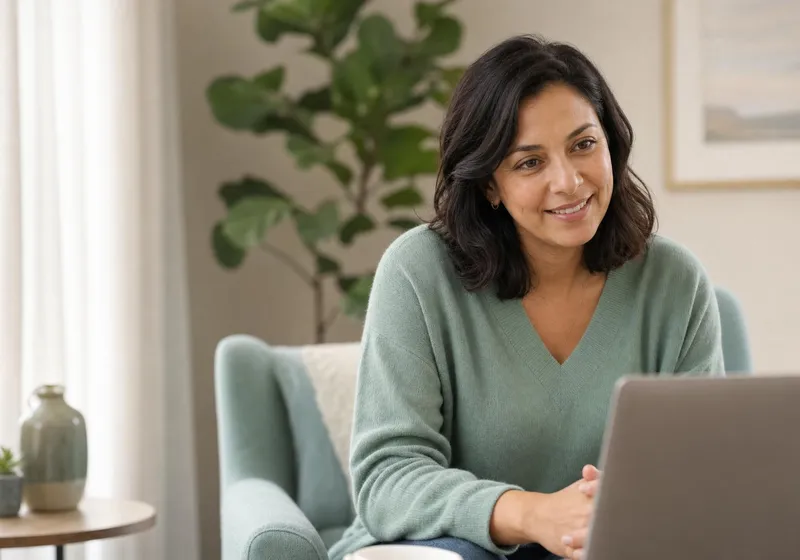 Mental health professional in a warm, supportive telehealth session