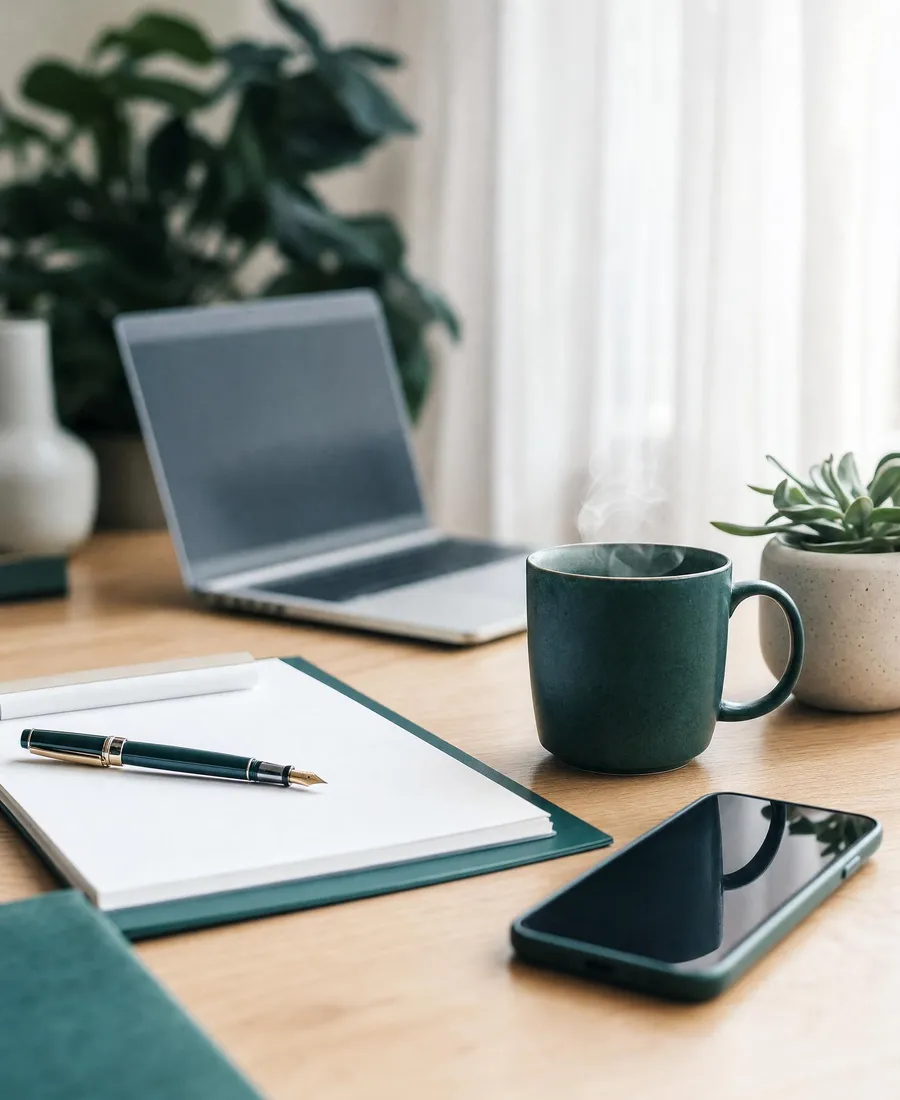 A calm desk with a referral letter, pen, phone and a warm mug