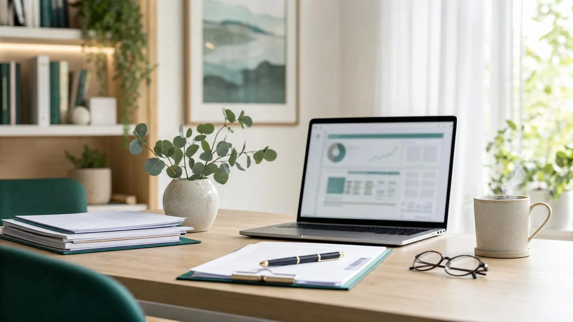 A calm clinical desk with referral paperwork, laptop and reading glasses