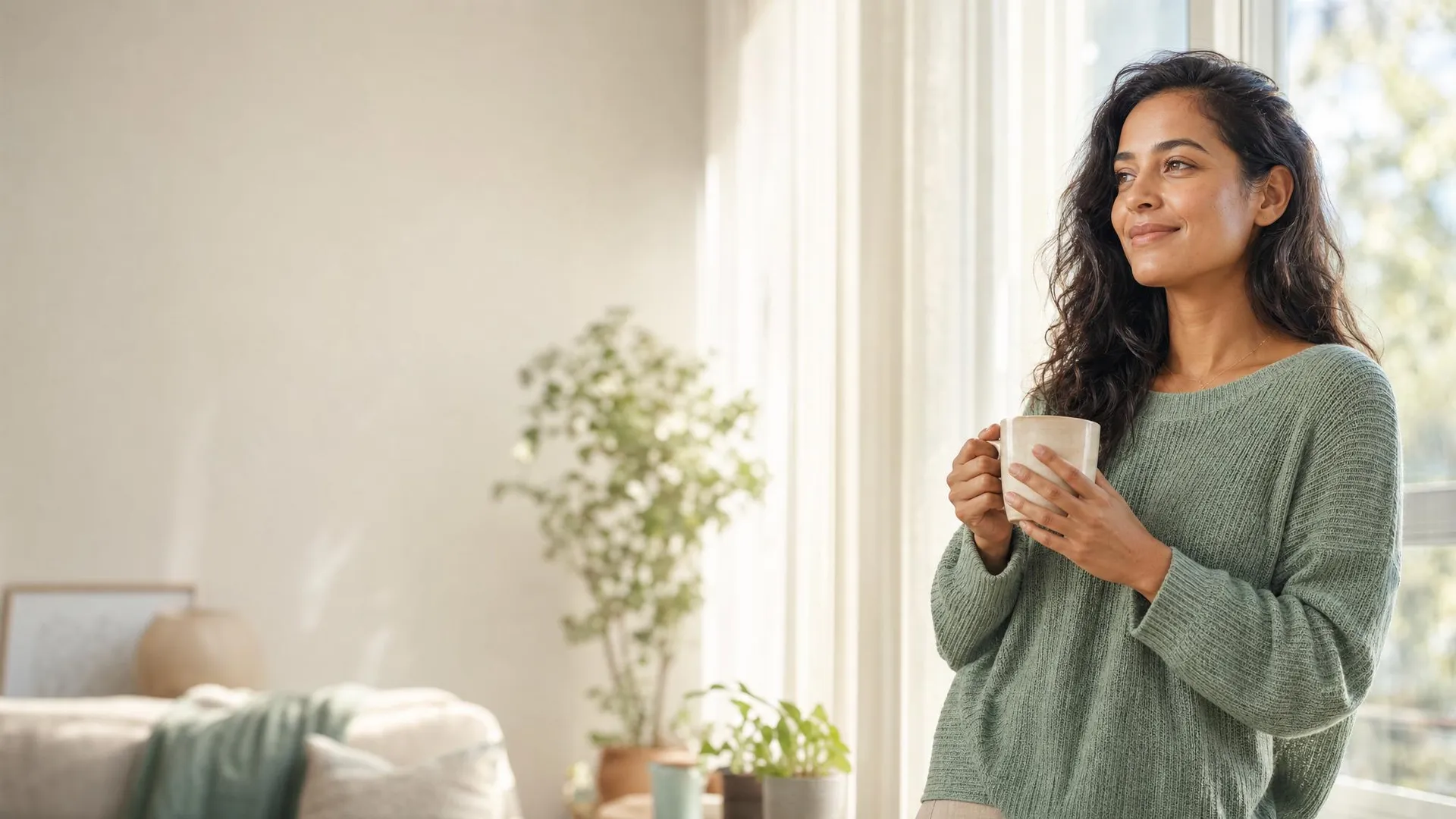 Woman relaxing calmly with a warm drink by a sunlit window at home