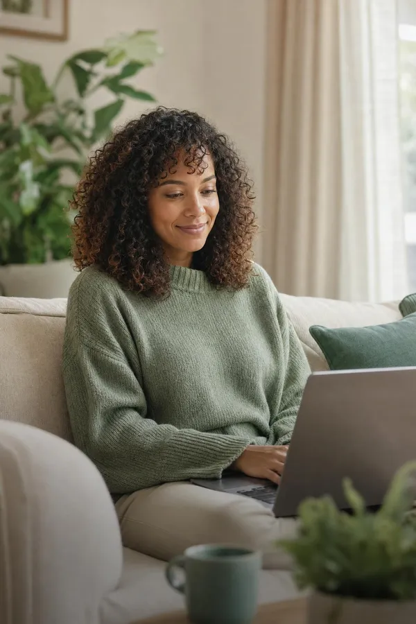 Woman having a comfortable telehealth session at home