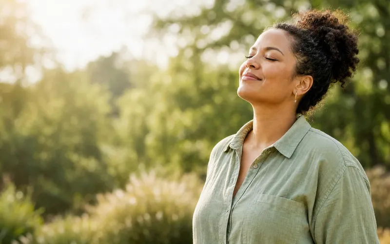 A woman outdoors looking calm and reflective