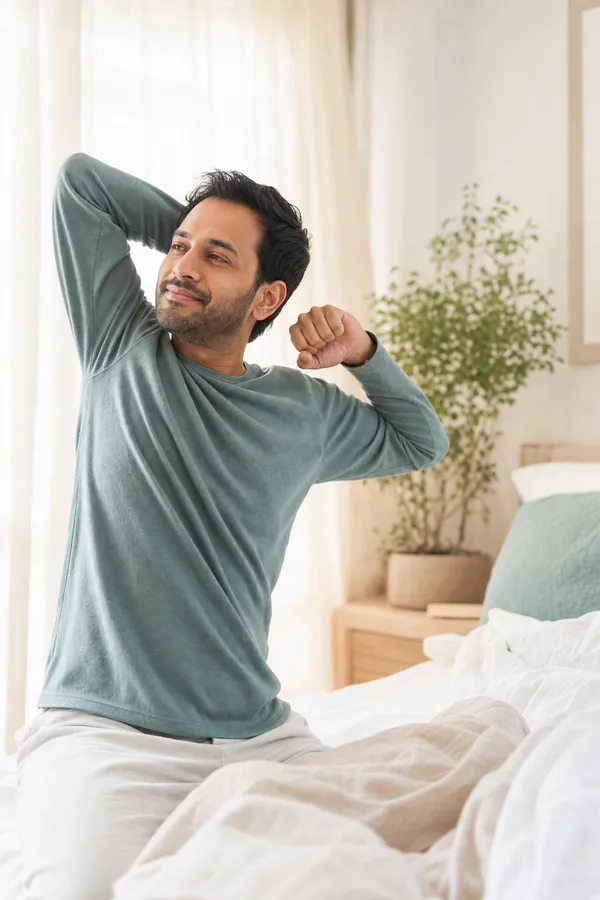 Person stretching comfortably in soft morning light