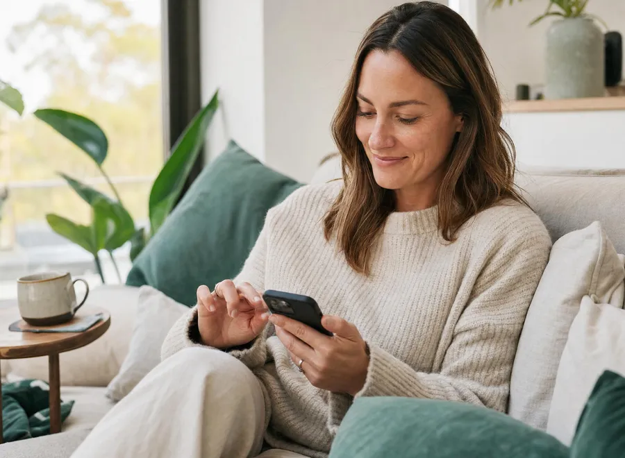 A woman relaxing on her sofa at home, completing a short online check-in on her phone