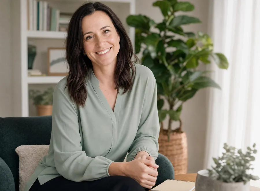 A warm, approachable clinician smiling in a calm, light-filled consulting space