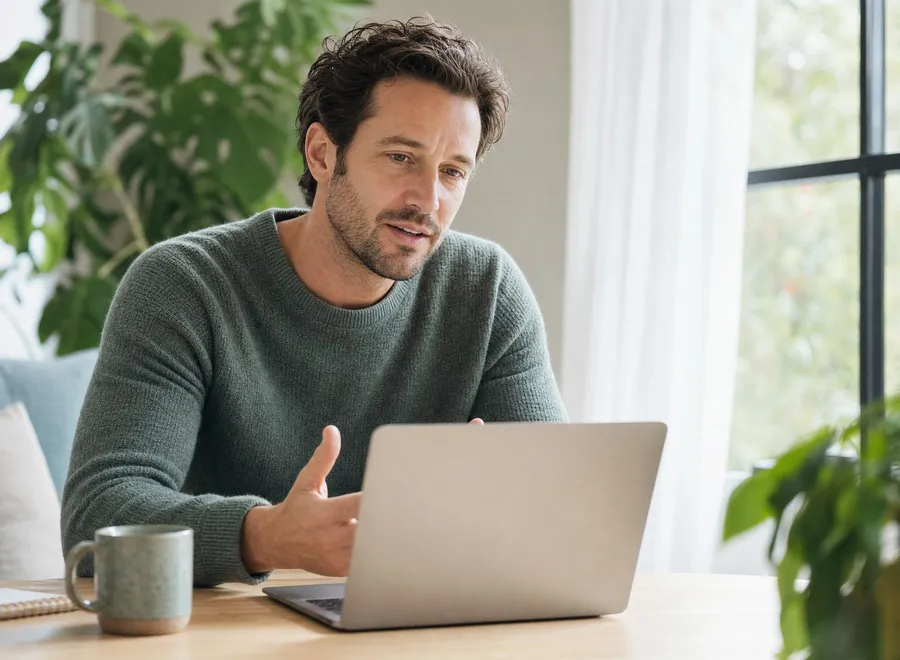 A man having a relaxed telehealth video session on his laptop at home