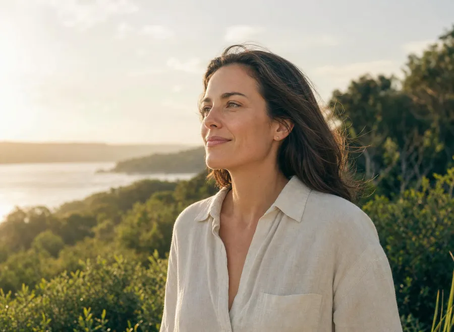 A woman standing outdoors in soft golden light, looking calm and quietly confident