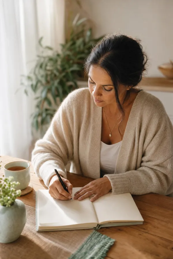 Person writing in a journal in a bright, peaceful setting