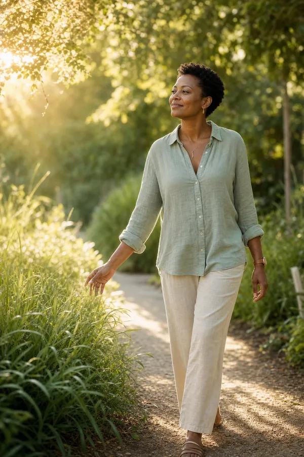 Person walking peacefully through a sunlit garden